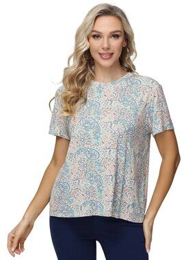 89th + Madison Top Size Large Paisley Print Crewneck Short Sleeve Peach Bohemian
